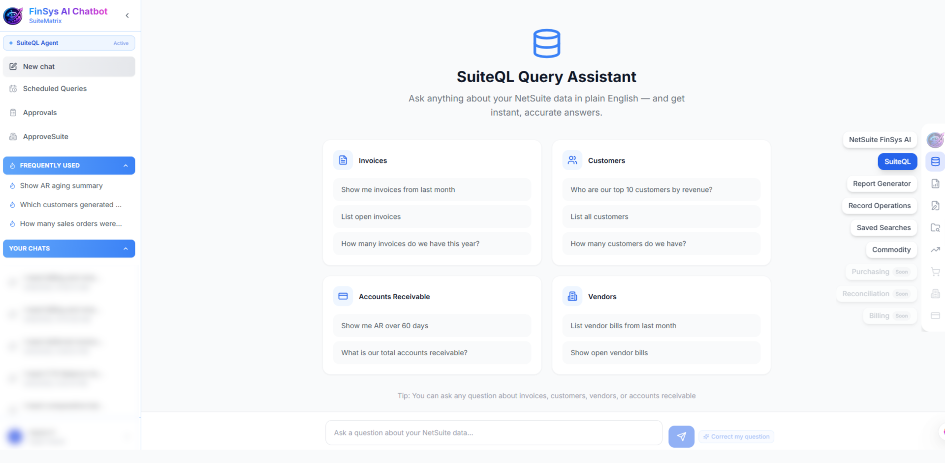 SuiteQL Query Assistant — FinSys AI screenshot